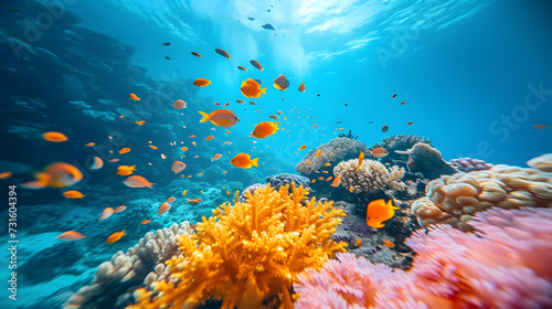 A vibrant coral reef, with a variety of marine life as the background, during a clear underwater dive