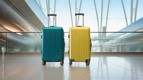 two travelers luggage suitcases in an empty airport hall placed in the waiting room of the departure airport terminal evoke the anticipation of a trip