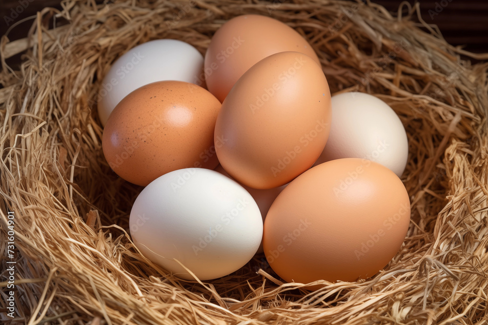 Fresh chicken eggs in a nest