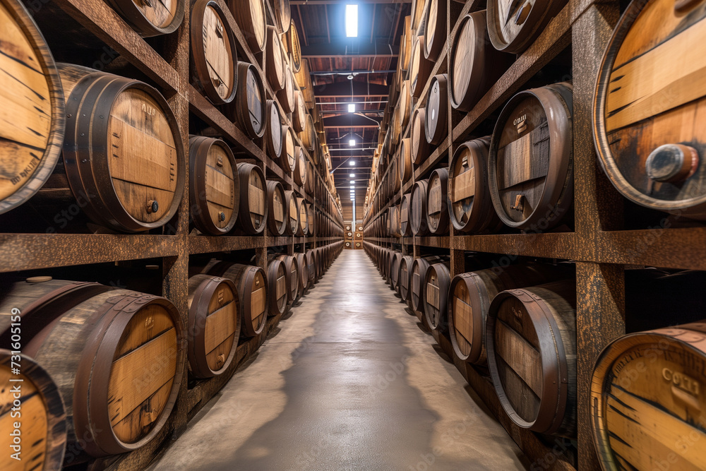 Wine or cognac barrels in the cellar of the winery, Wooden wine barrels in perspective. wine vaults. vintage oak barrels of craft beer or brandy. Whiskey, bourbon, scotch or wine barrels in an aging 