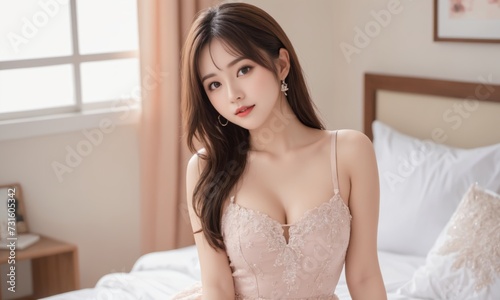asian woman in a pink dress sitting on a bed