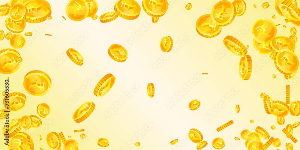 Indian rupee coins falling. Scattered gold INR Indian rupee coins falling. Scattered gold INR