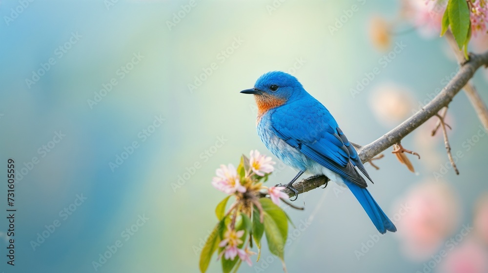 Azure Serenity: Bluebird Perched on Blossoming Branch Azure Serenity: Bluebird Perched on Blossoming Branch