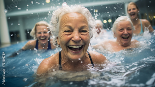 Happy healthy senior woman enjoying active lifestyle swimming in the pool © alexkich