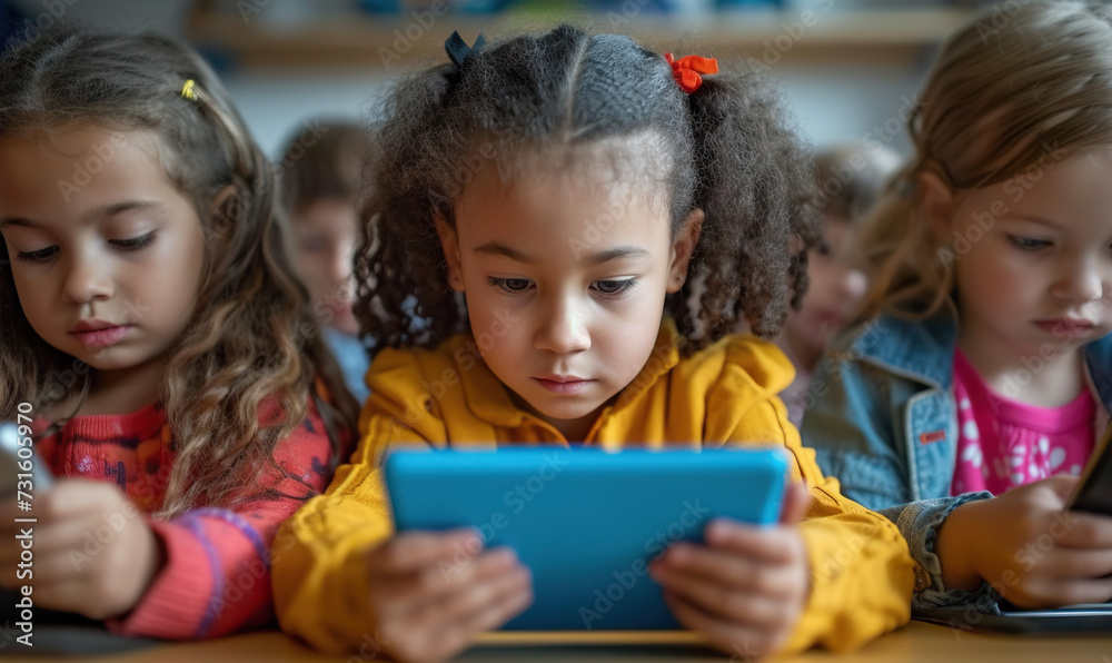 children with tablets technology at school for education with happy kids at school or library studying with fun