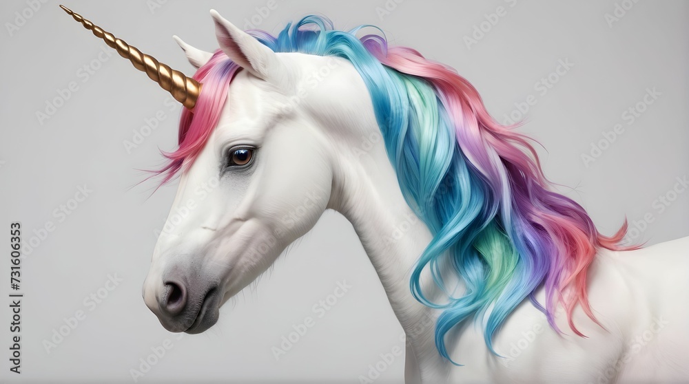 A close-up of a multicolored beautiful unicorn is visible, standing out against a white background