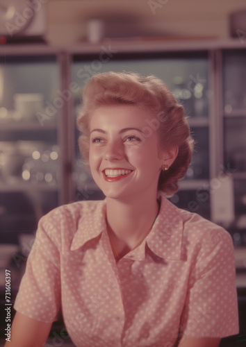 vintage portrait photo of smiling blond woman wearing pink spot blouse
