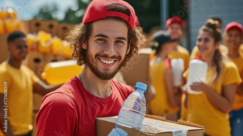 Happy male volunteer smiling while packing food and water bottle in a donation center.