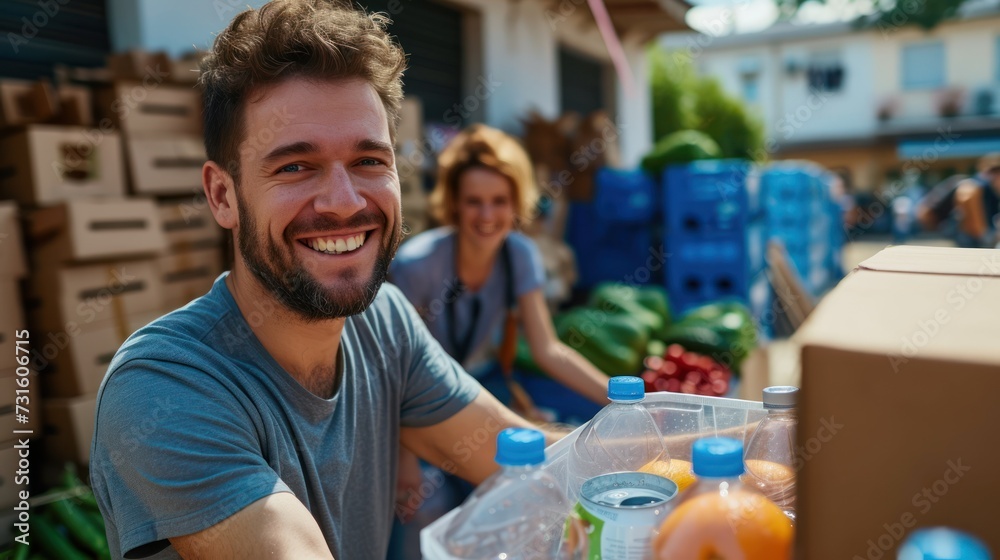 Happy male volunteer smiling while packing food and water bottle in a donation center. Happy male volunteer smiling while packing food and water bottle in a donation center.