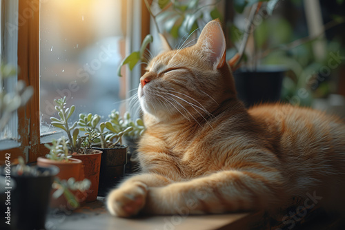 A cat perched on a sunny windowsill, basking in the warmth and comfort of indoor living. Concept of feline relaxation. Generative Ai. © Sebastian