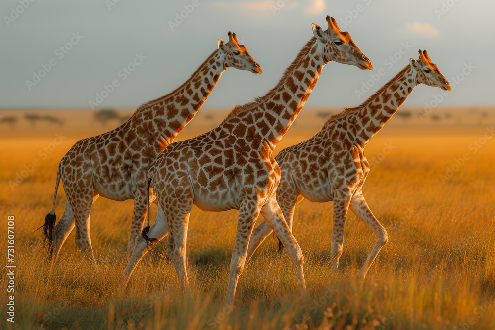 Fototapeta premium A group of giraffes gracefully walking across an open plain, illustrating the elegance and height of these iconic African mammals. Concept of savannah grace. Generative Ai.