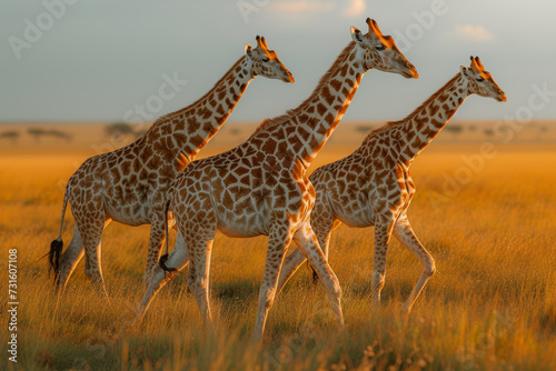 A group of giraffes gracefully walking across an open plain  illustrating the elegance and height of these iconic African mammals. Concept of savannah grace. Generative Ai.