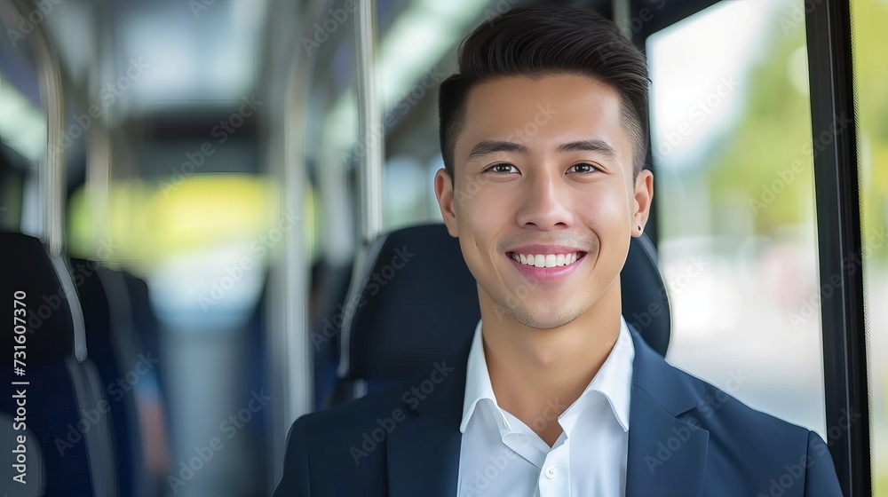Eco friendly asian businessman happily reducing air pollution by commuting on bus