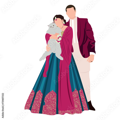 Fototapeta Naklejka Na Ścianę i Meble -  vector cute indian couple cartoon in traditional dress posing for wedding invitation card design