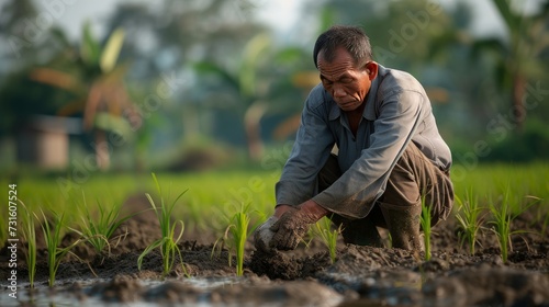 An old farmer in a rice field tending the soil for his crops. Blurred natural countryside background. Created with Generative AI.