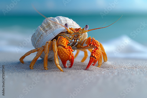 A hermit crab carrying its shell along a sandy beach, highlighting the resourcefulness and adaptability of these crustaceans. Concept of beachside nomad. Generative Ai.