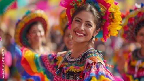 Smiling woman in vibrant Cinco de Mayo attire at a street parade