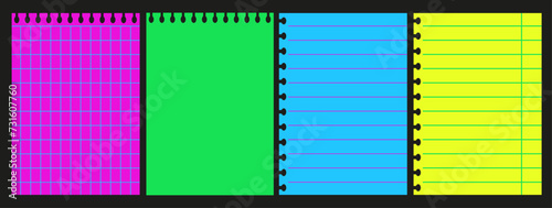 Set trendy Torn paper sheets in modern Cyberpunk style. Neon Notebook pages with blank copy space isolated black background. Template colorful Cyber paper. Vector illustration. EPS 10  Editable stroke