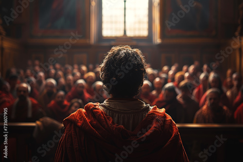 Imagination of Jesus Christ standing before a solemn assembly, facing condemnation and judgment from religious authorities. Concept of religious trial. Generative Ai.