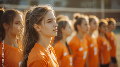 A focused young female volleyball player on an outdoor court, with teammates blurred in the background, during golden hour