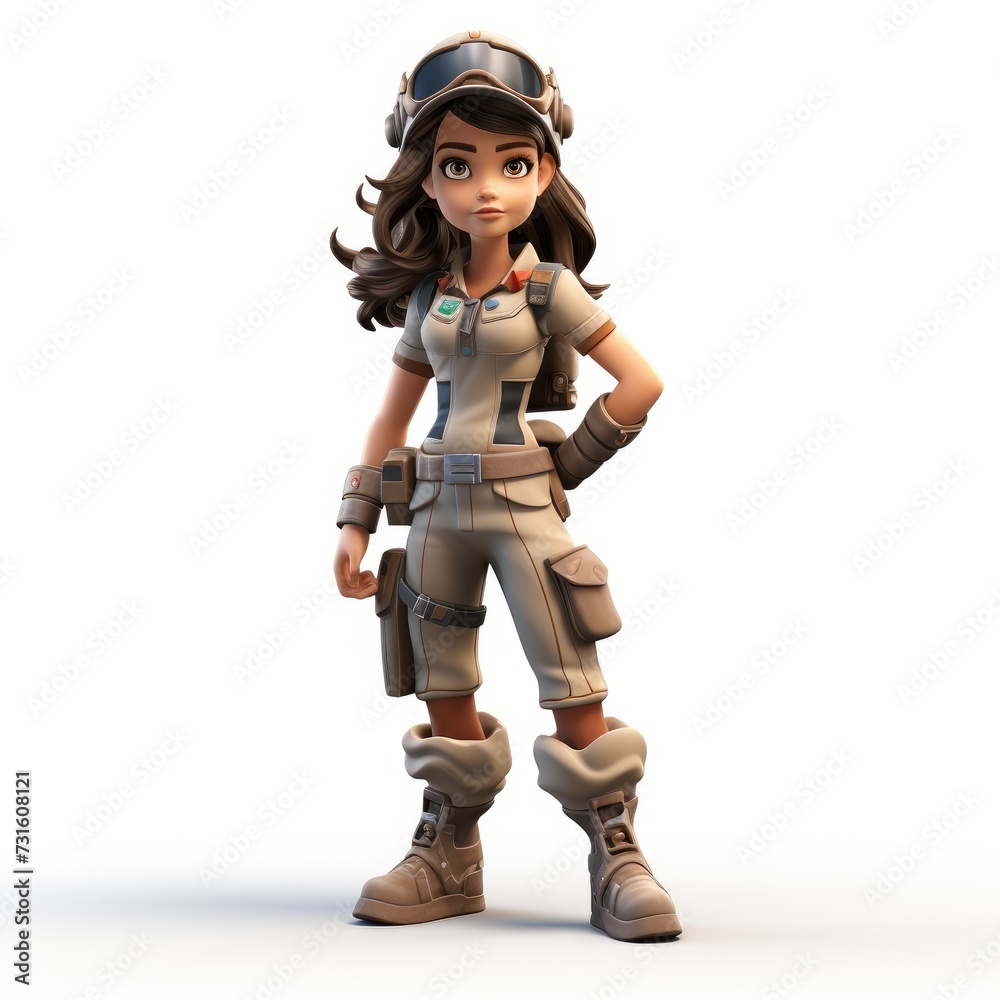3D Cartoon Style Female Soldier Against White Backdrop 3D Cartoon Style Female Soldier Against White Backdrop