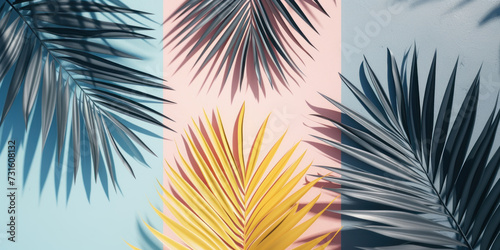 Top view palm tree branches leaves on pastel color background, Flat lay Minimal fashion summer holiday vacation concept 