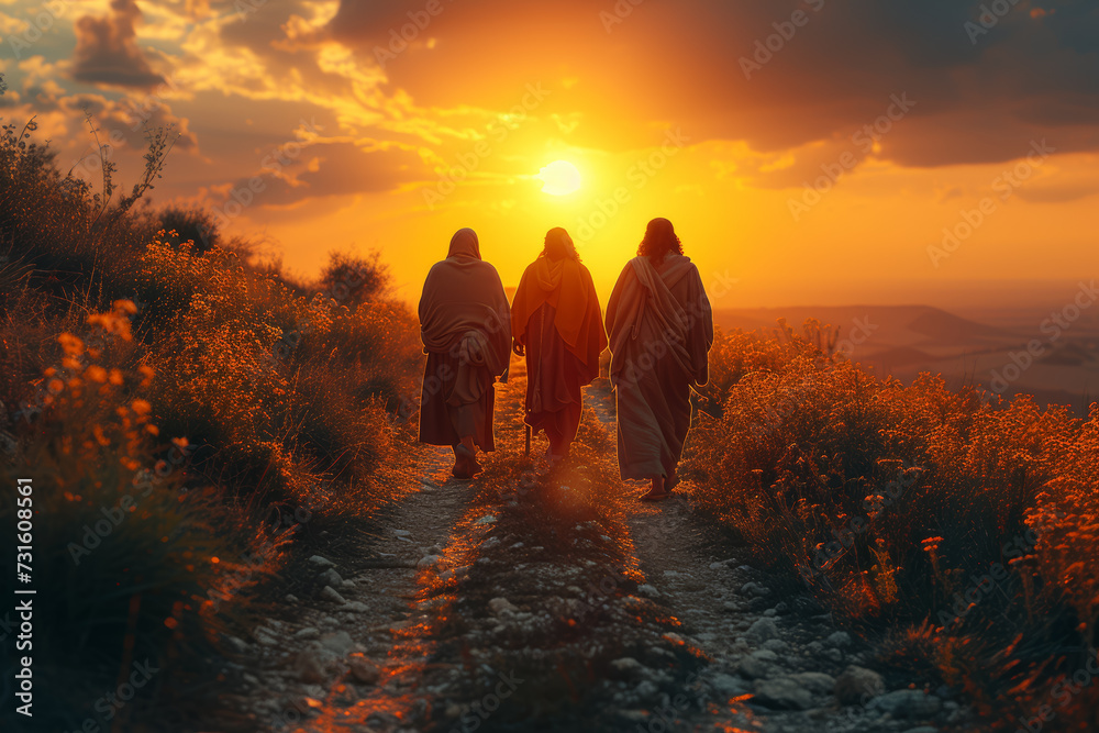 Staging of The disciples witnessing the risen Christ on the road to Emmaus, highlighting the transformative nature of encountering the resurrected Savior. Generative Ai.