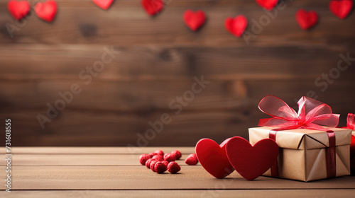 Valentines background with hearts and gift box. Created with Ai