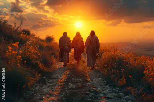 Staging of The disciples witnessing the risen Christ on the road to Emmaus, highlighting the transformative nature of encountering the resurrected Savior. Generative Ai.