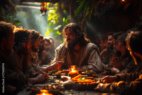 Staging of Jesus appearing to the disciples in the upper room, offering them peace and reassurance after his resurrection. Concept of post-resurrection fellowship. Generative Ai.