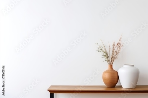 Minimalist white wall in living room, vase for decoration on the table minimal style, copy space © Оксана Олейник