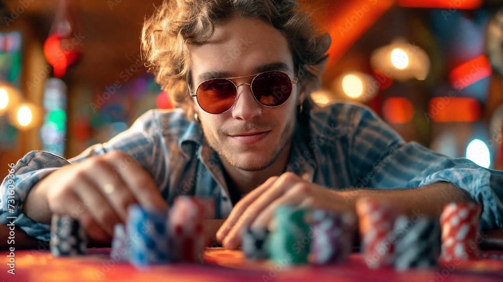 Guy poker player at a card table in a casino. Generative AI