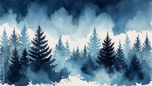 watercolor blue spruce forest with fog background photo