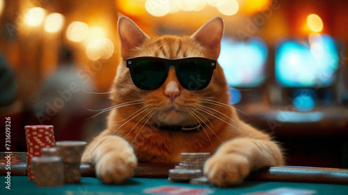 A cat gambler in sunglasses makes stacks in a casino.  Generative AI photo