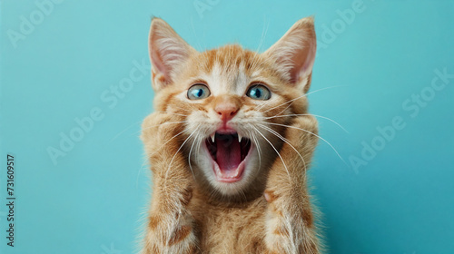 Surprised shocked cat face with paws on head on blue background with copy space. AI Generative