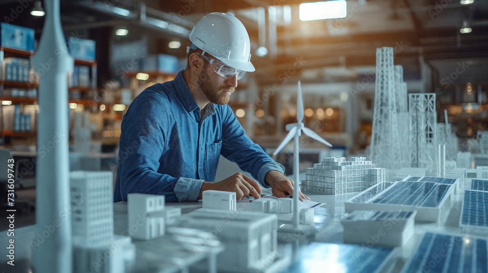 A male architect-engineer makes a model of an energy-efficient area of the city. Generative AI A male architect-engineer makes a model of an energy-efficient area of the city. Generative AI