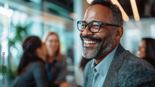 A mature businessman with a contagious smile enjoys a light-hearted moment, his laughter reflecting a positive and engaging workplace atmosphere
