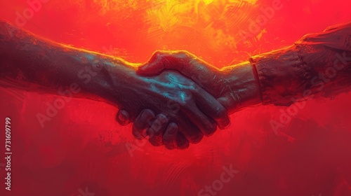 Two People Shaking Hands in Front of a Red Background