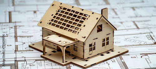 Wooden frame house model under construction on blueprints with copy space for text placement