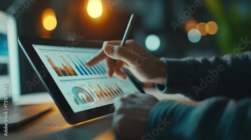 Close-up photo of individuals analyzing financial data on a tablet with graphs and charts