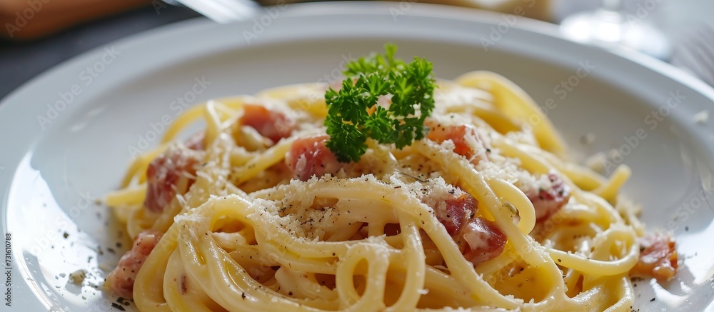 A close up of a plate of al dente pasta with parsley on top, showcasing a delicious Italian dish, using noodles as the main ingredient A close up of a plate of al dente pasta with parsley on top, showcasing a delicious Italian dish, using noodles as the main ingredient