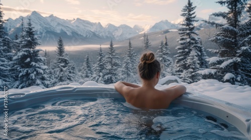 A young woman relaxing in an outdoor hot tub surrounded by a snowy landscape with distant mountains, in serene solitude