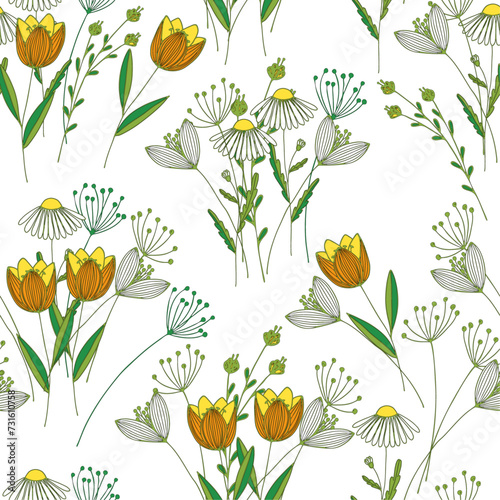 Flower summer. Vector seamless pattern with flower bouquets on a white background.