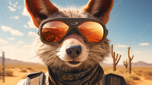 selfie portrait of a jolly coyote wearing sunglasses