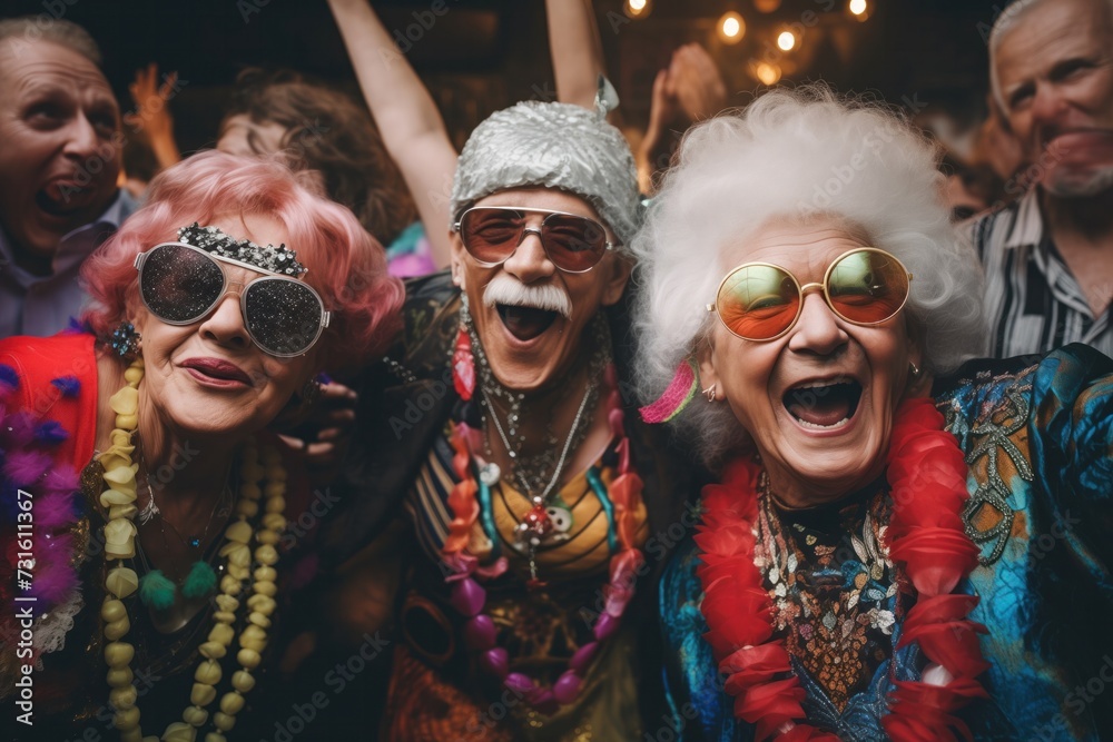 A vibrant senior group enjoys a lively party. The lady with pink hair and sparkling sunglasses, the gentleman in a silver cap, and the lady with white hair and gold-hued glasses radiate joy - obrazy, fototapety, plakaty 