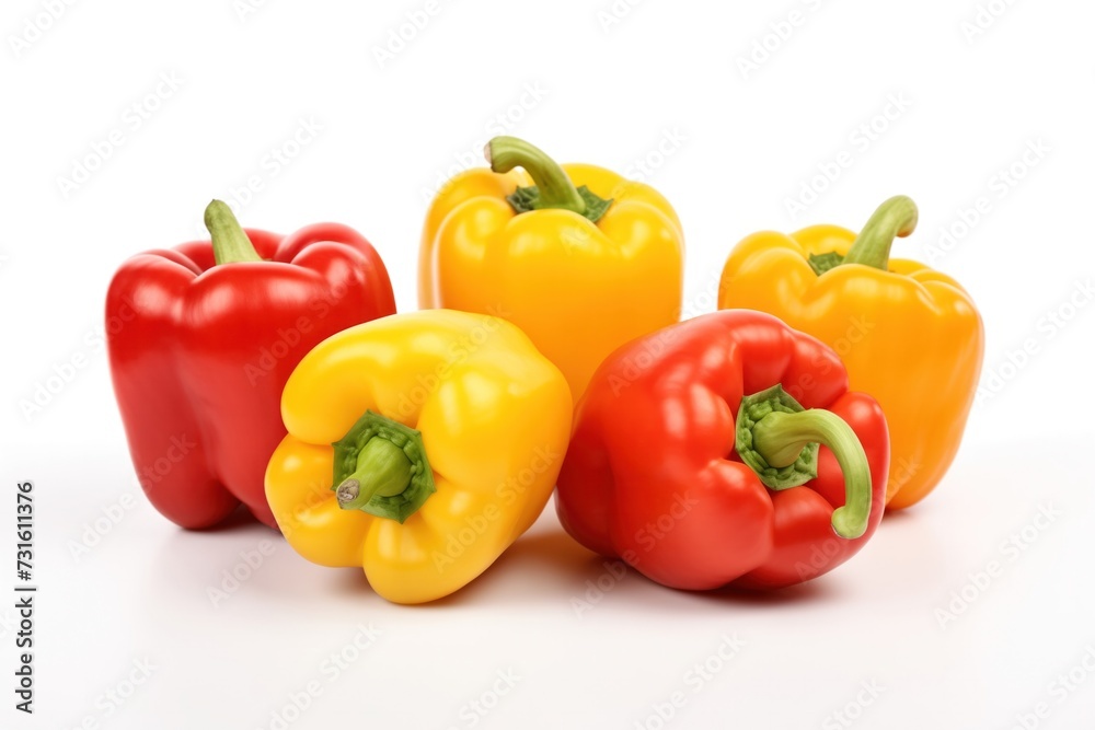 bright red and yellow bell peppers arranged on a pristine white background, showcasing their vibrant colors and fresh, healthy appeal bright red and yellow bell peppers arranged on a pristine white background, showcasing their vibrant colors and fresh, healthy appeal