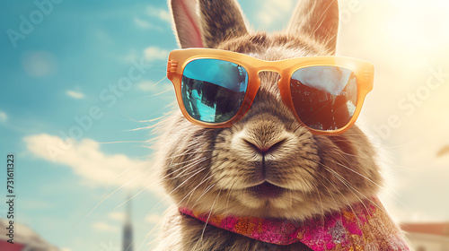 Close-up selfie portrait of a silly rabbit wearing sunglasses © Dennis