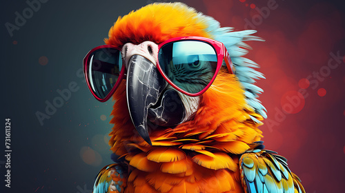 portrait of a positive parrot wearing sunglasses