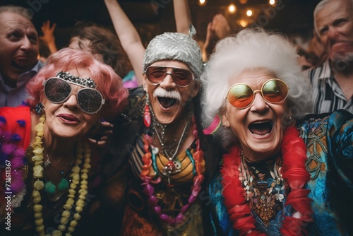 A vibrant senior group enjoys a lively party. The lady with pink hair and sparkling sunglasses, the gentleman in a silver cap, and the lady with white hair and gold-hued glasses radiate joy © Oleg Kozlovskiy