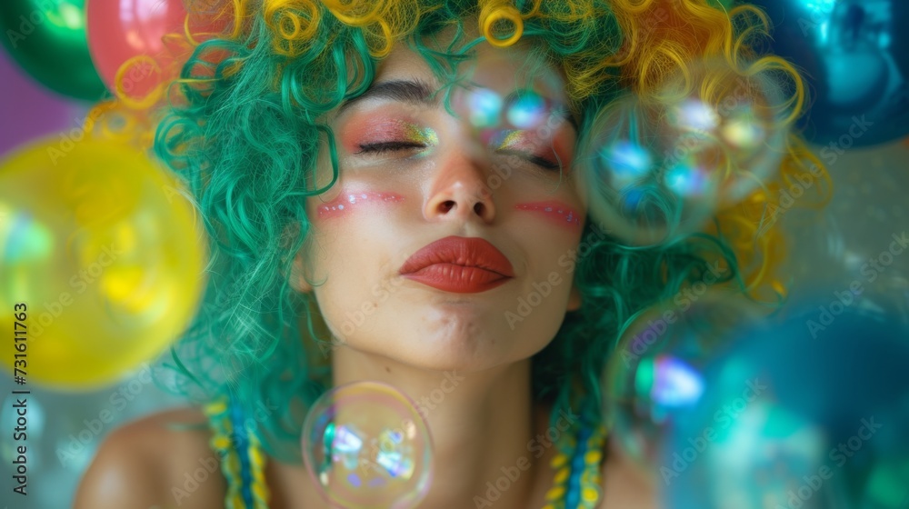 Close-up of a woman with vibrant wig amidst floating bubbles Close-up of a woman with vibrant wig amidst floating bubbles